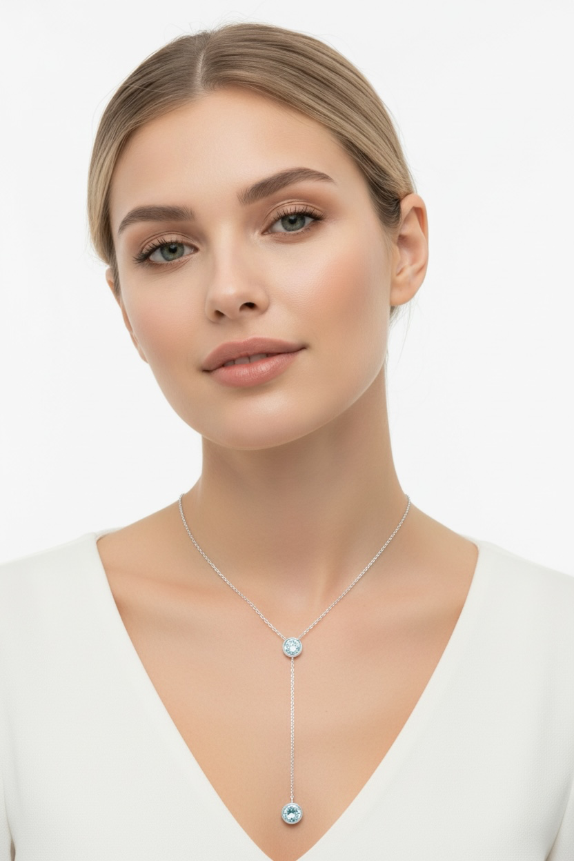 Sterling Silver, Round Blue Topaz w/ Long Hanging Chain & Round Blue Topaz Necklace