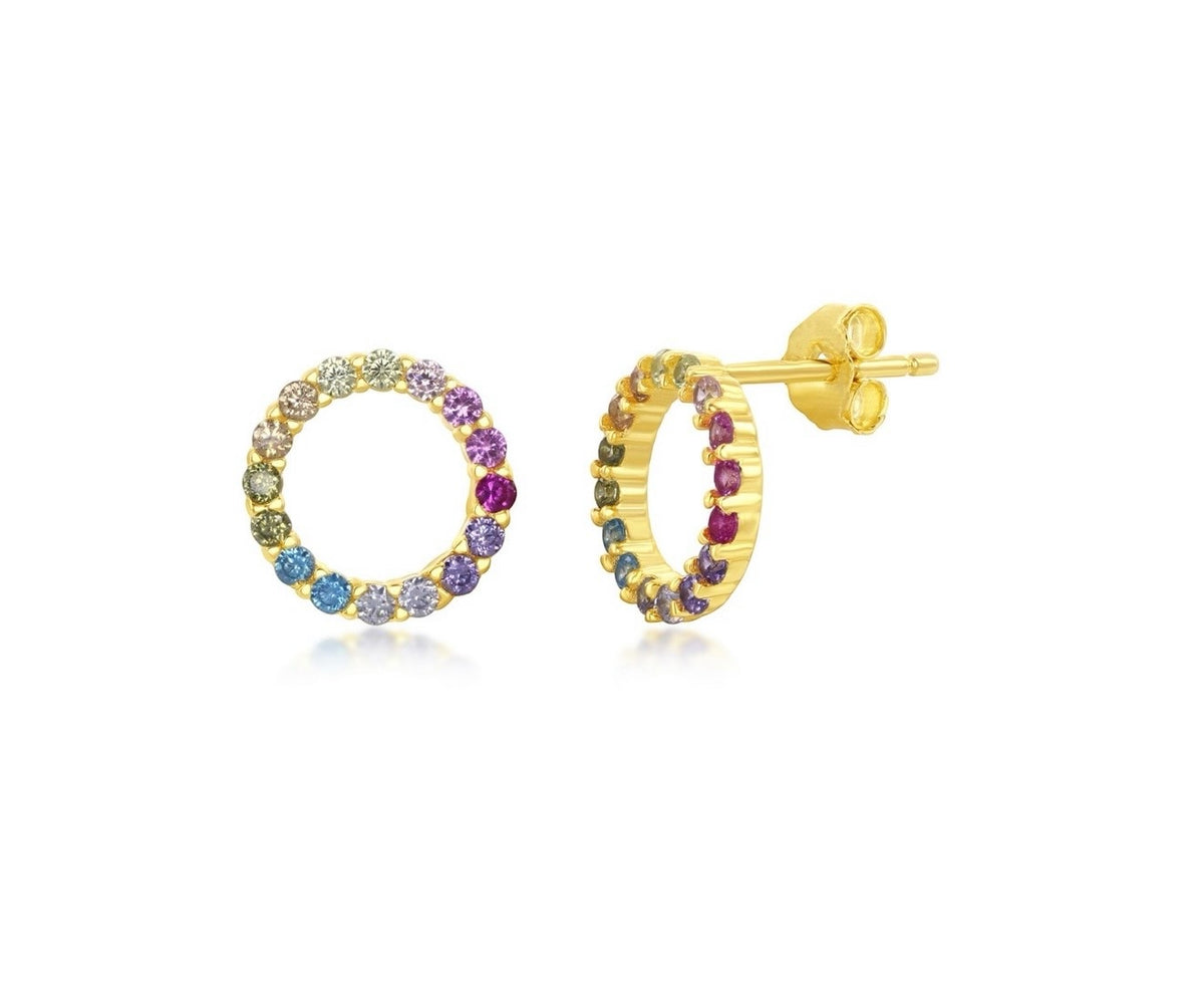 Sterling Silver Rainbow Open Circle Stud Earrings Gold