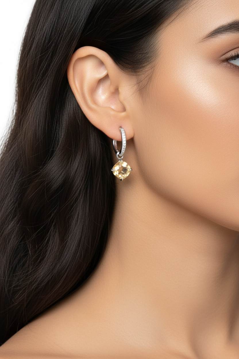 Sterling Silver Hanging Square Gemstomes on Dime Sized Hoop Earrings