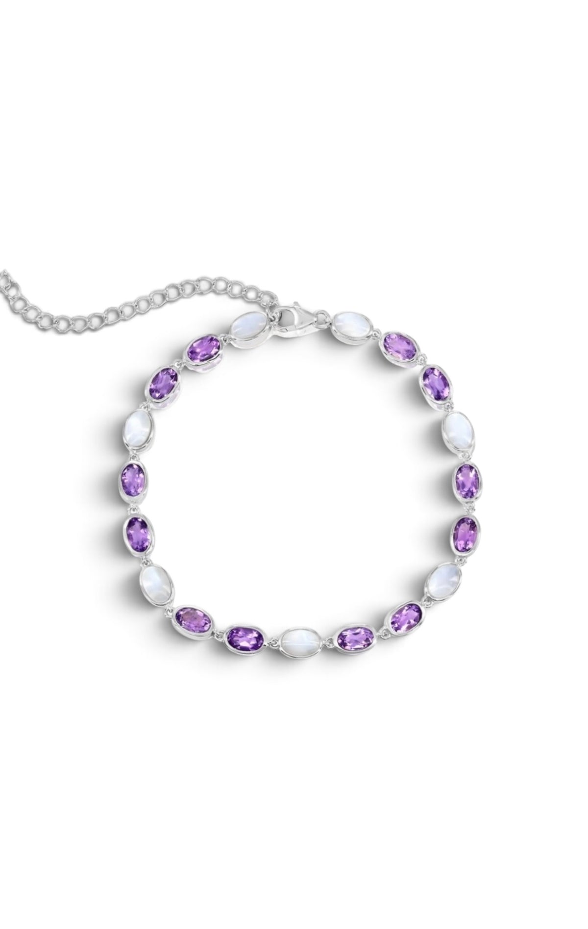 Sterling Silver, Oval MOP & Amethyst Gem Bracelet
