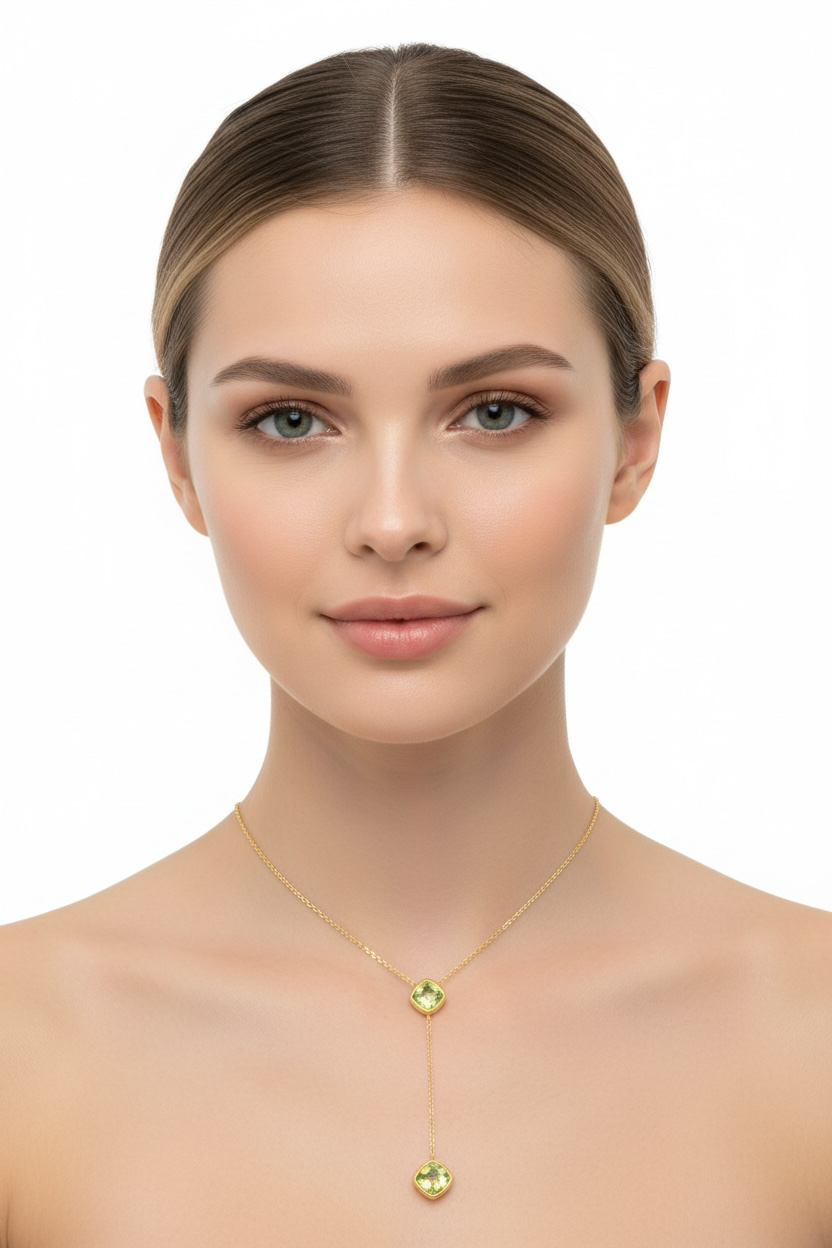 Sterling Silver, Square Peridot with Long Hanging Chain and Square Peridot Necklace - Gold Plated
