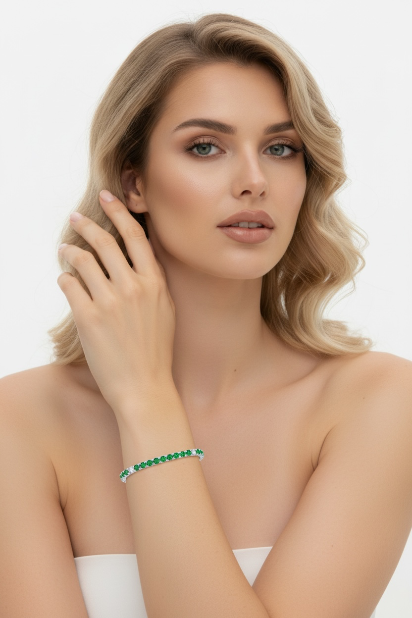 Sterling Silver, 3.5mm Round CZ Tennis Bracelet - Emerald Spinel