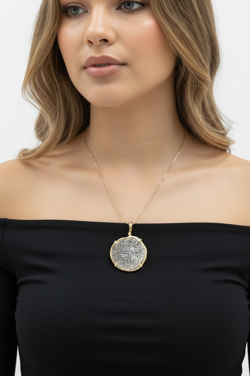 Replica Atocha Shipwreck Large Coin Pendant 925 sterling silver coin and 14k gold bezel