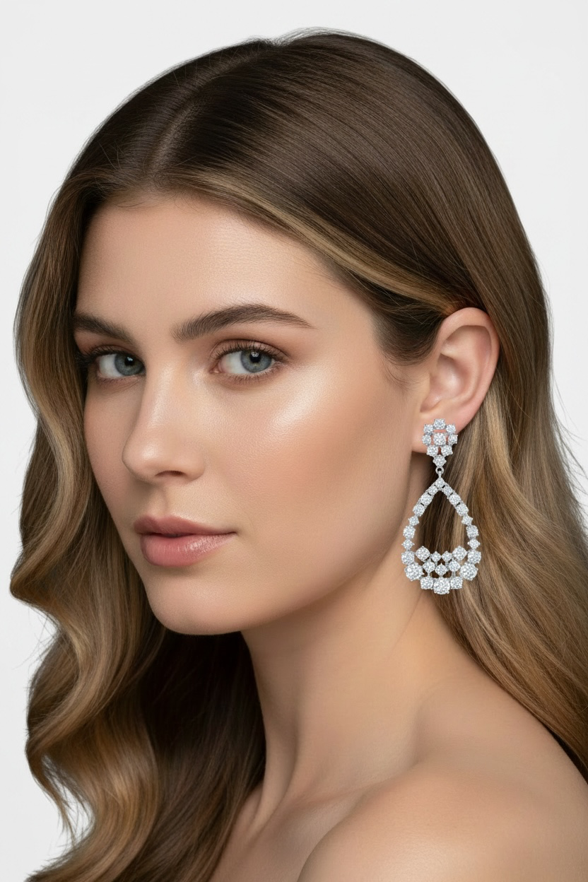 Sterling Silver Large Pearshaped Cubic Crystalline Earrings Bridal and Special Ocasssions