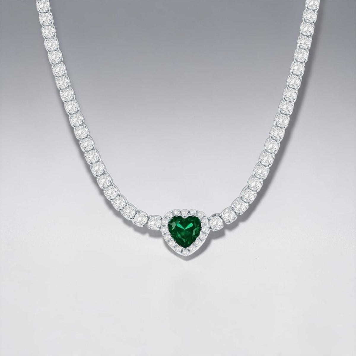 Sterling Silver, Heart CrystallineTennis Necklace - Emerald