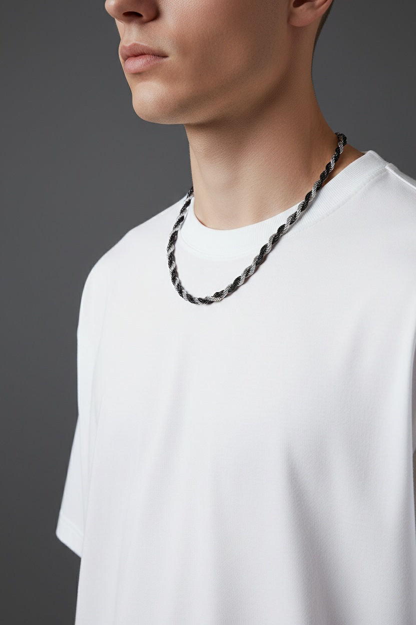 Stainless Steel 5mm Two-Tone Men’s Rope Chain - Black & Silver