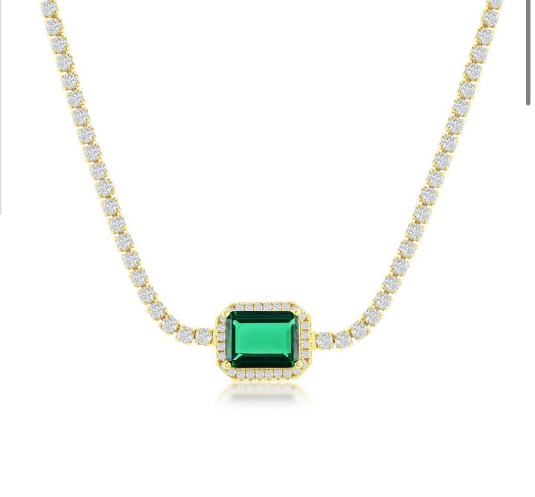 Sterling Silver Asscher Cut Emerald & Crystal Tennis Choker - Gold Plated