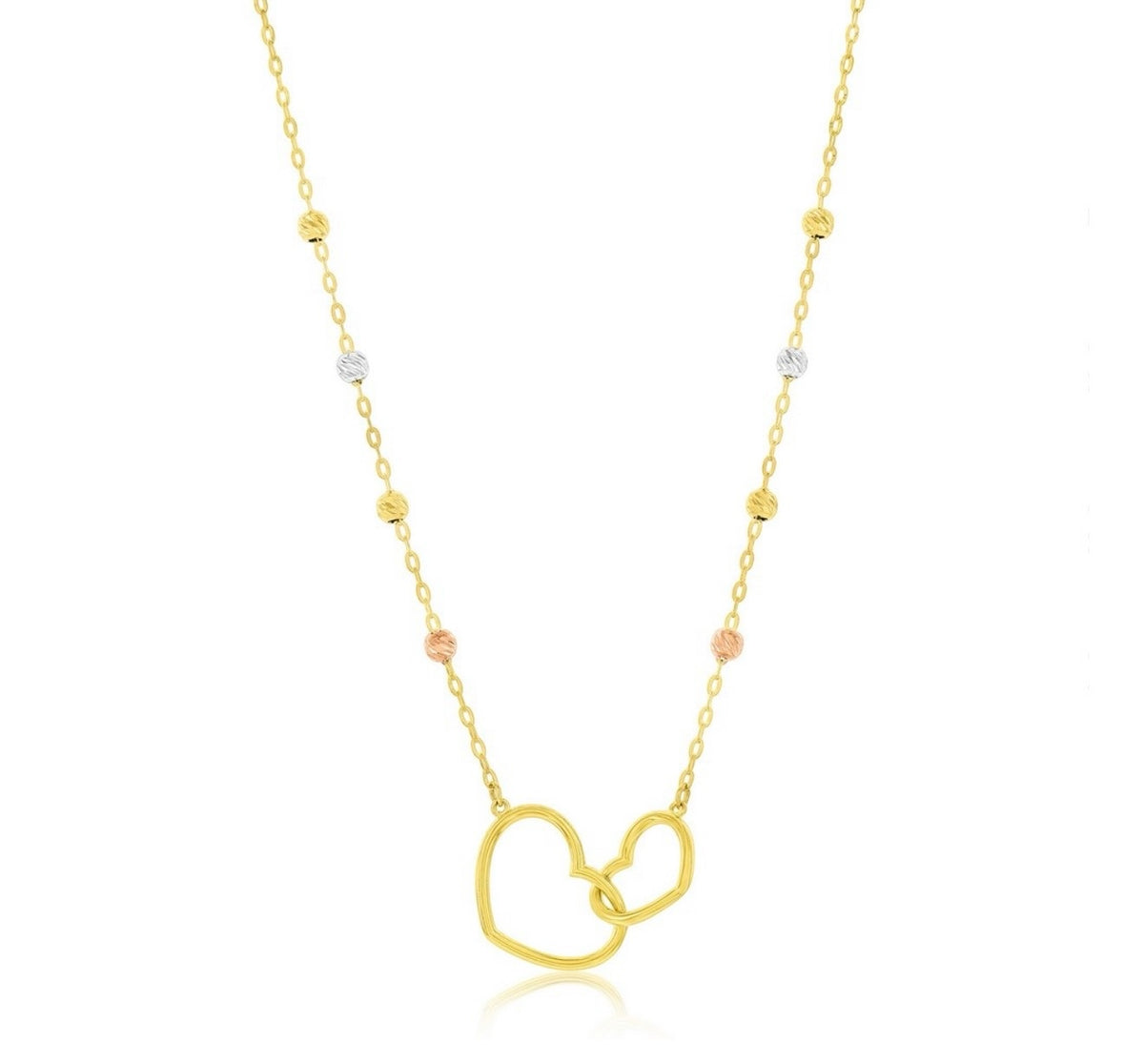14K Yellow Real Solid Gold, Double Heart & Tri-Color D-C Bead Necklace