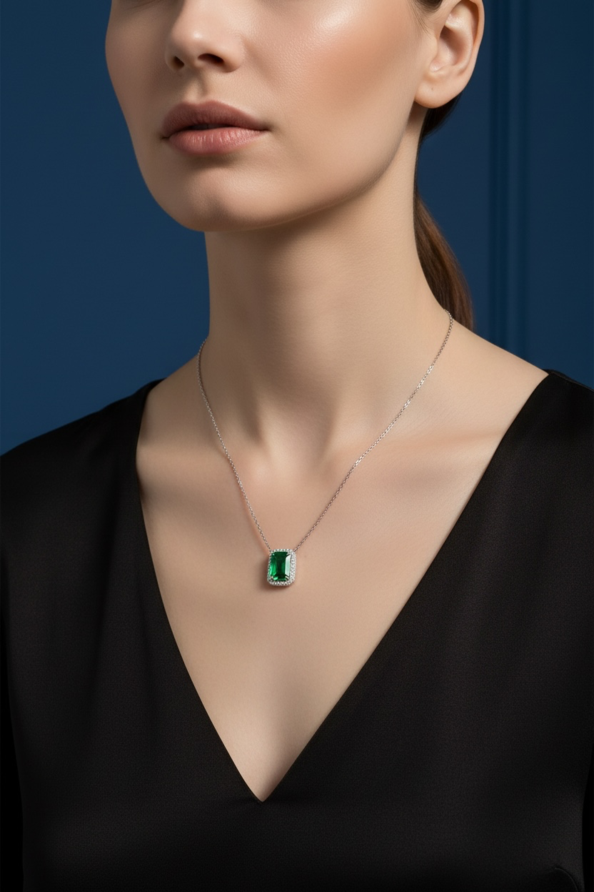 Sterling Silver, Lab-Grown 0.77ct Emerald & 0.06ct Natural Diamond Necklace