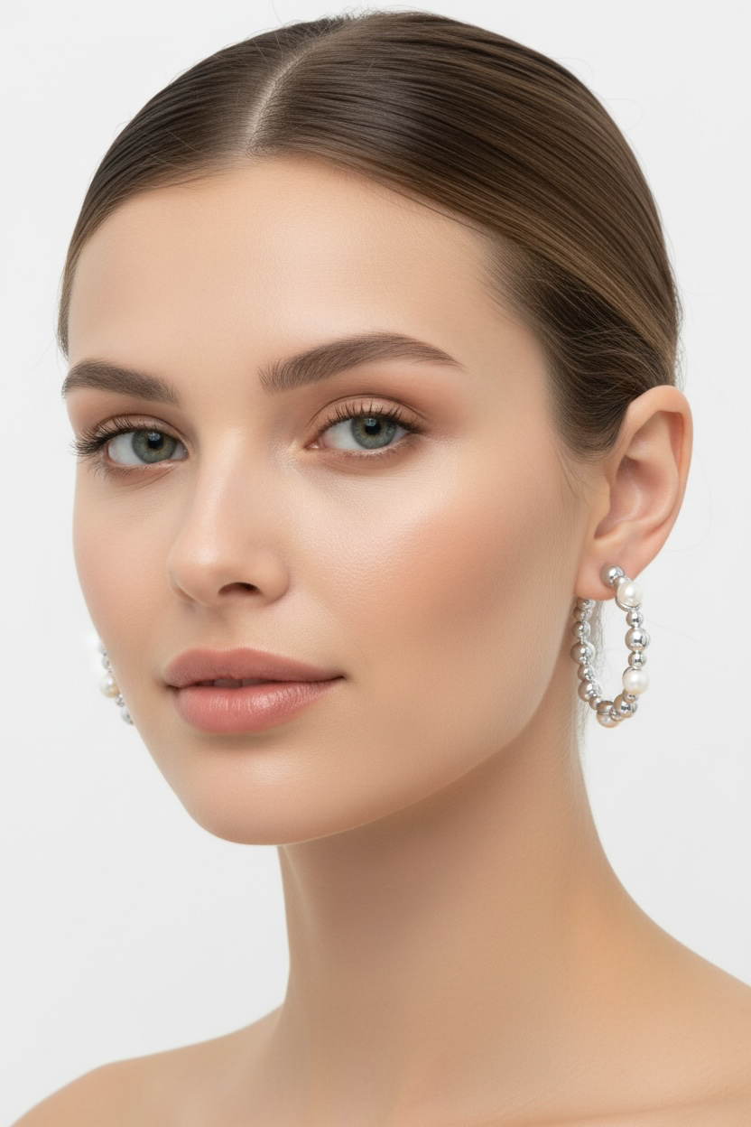 Sterling Silver, Fresh Water Pearl & Beaded 30mm Hoop Earrings