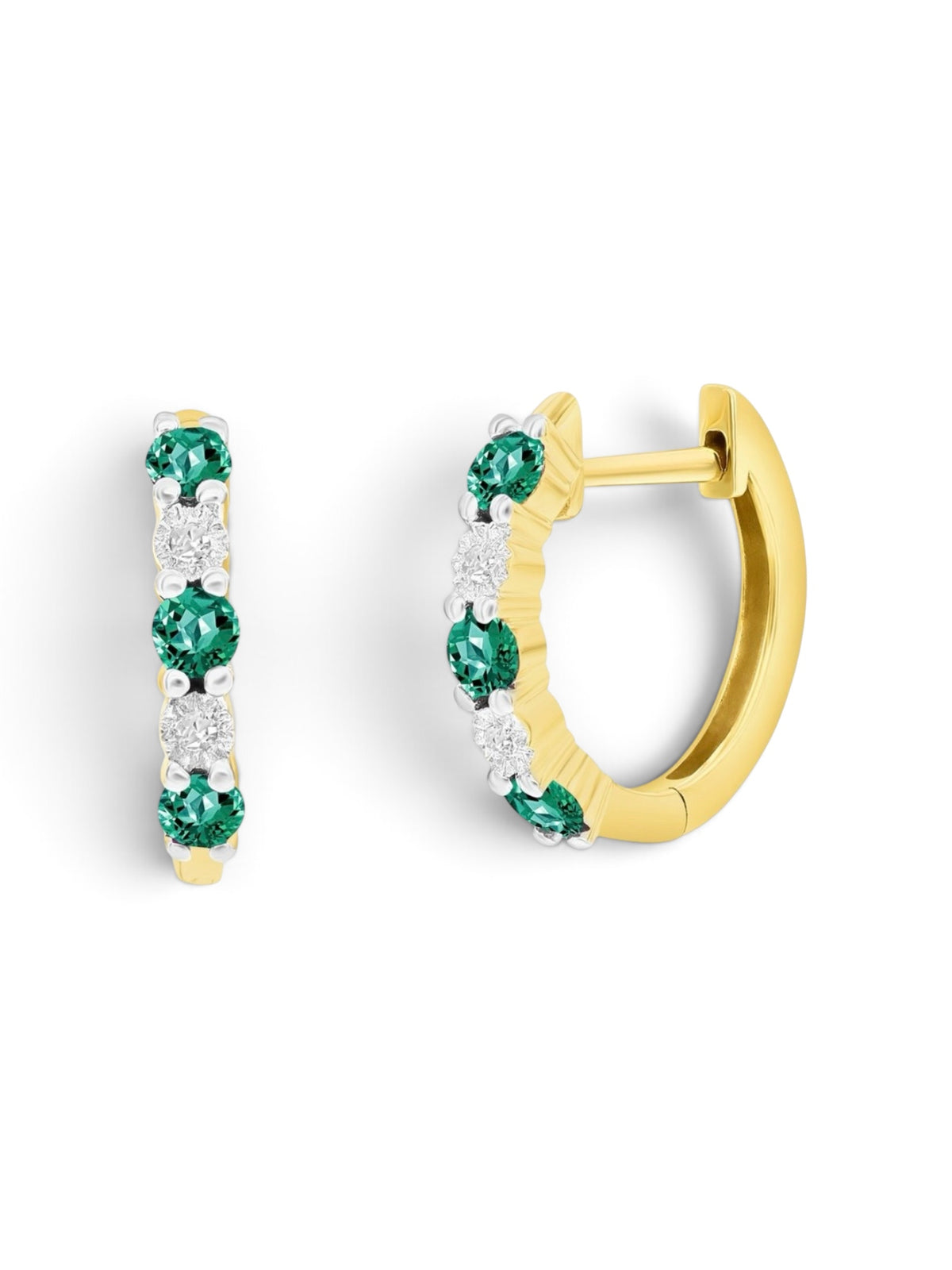 14K Yellow Real Gold Round 0.34ct Emerald Diamond Hoop Earrings