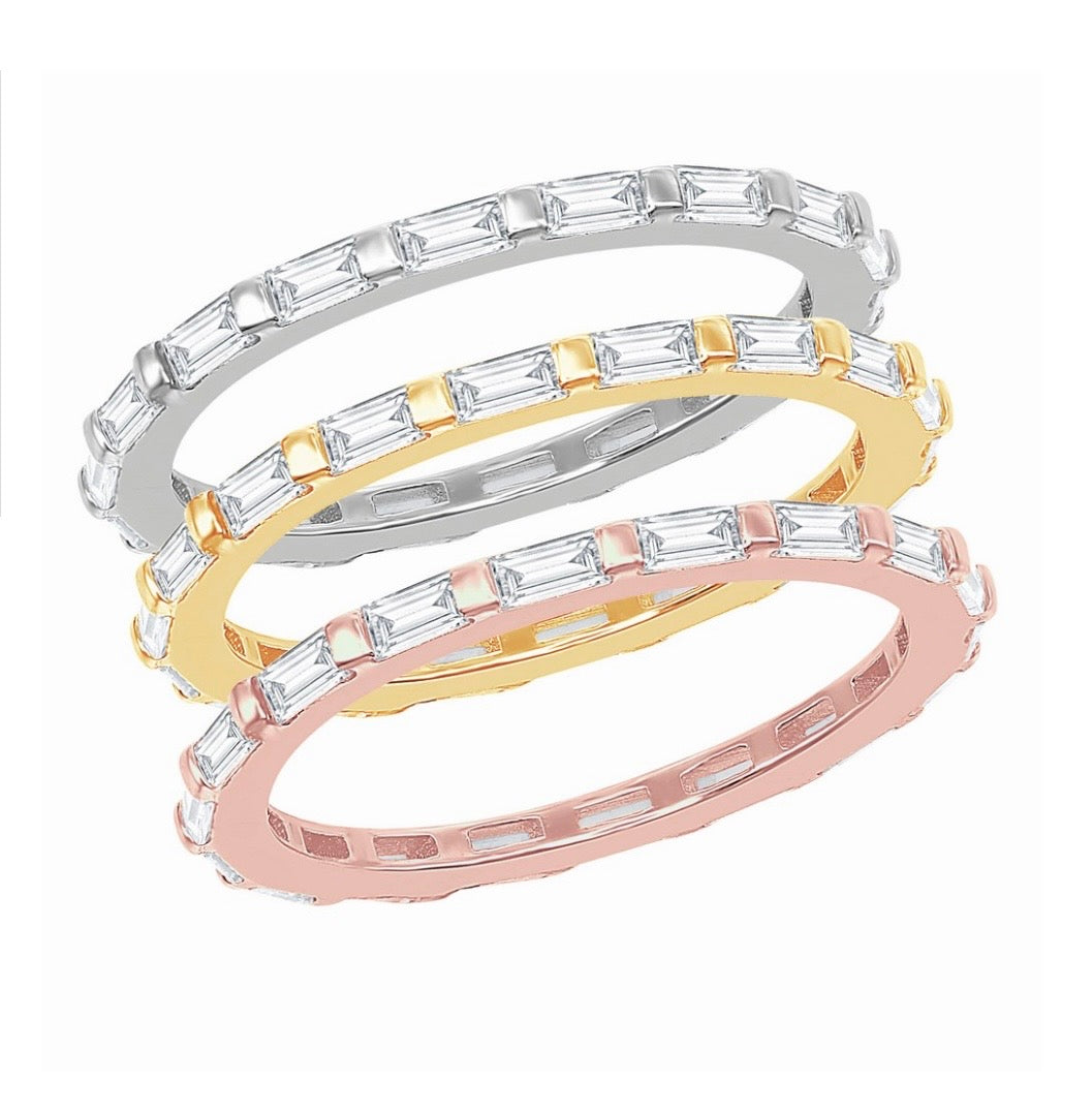 Sterling Silver, Tri-Color Baguette and Beaded Eternity Triple Band Ring