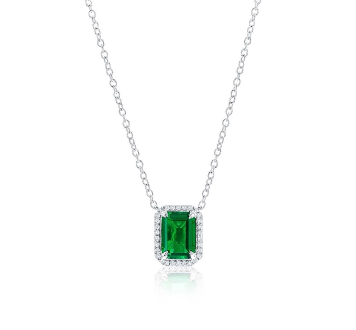 Sterling Silver, Lab-Grown 0.77ct Emerald & 0.06ct Natural Diamond Necklace