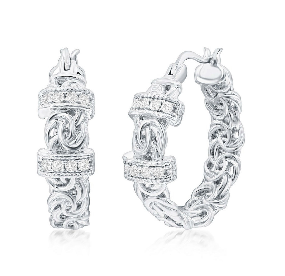 Sterling Silver, 22mm Byzantine Design CZ Hoop Earrings