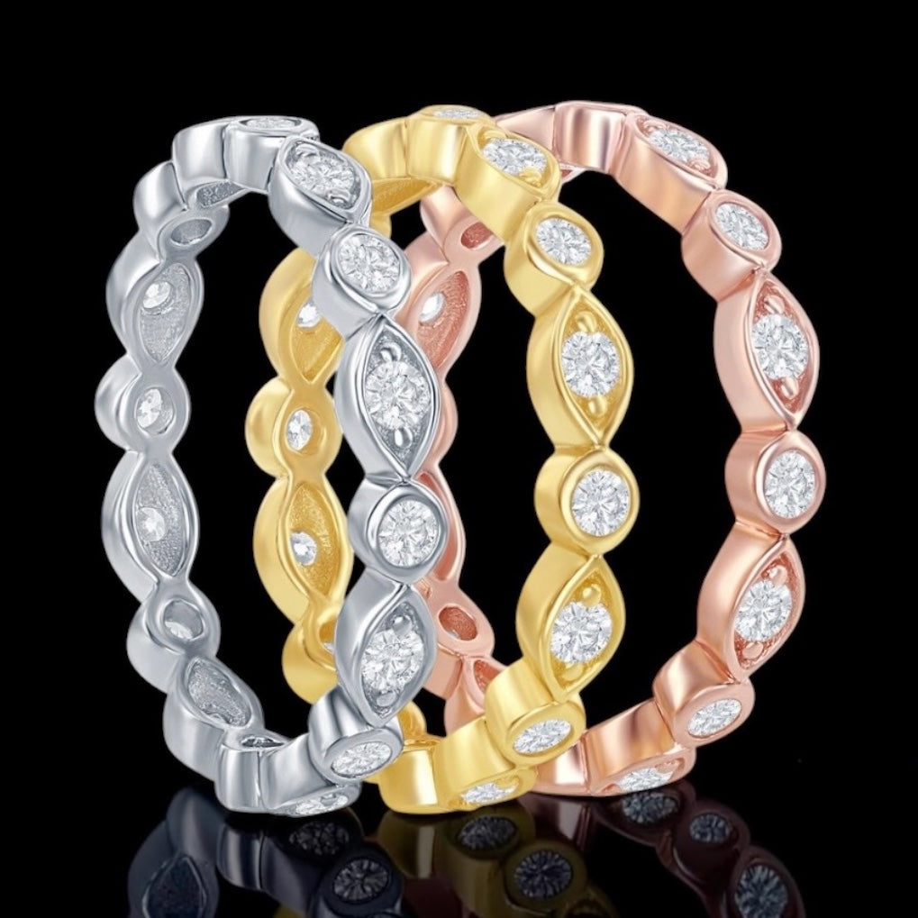 Sterling Silver Tri-Color, Marquise and Round CZ Eternity 3-Band Ring Size 9