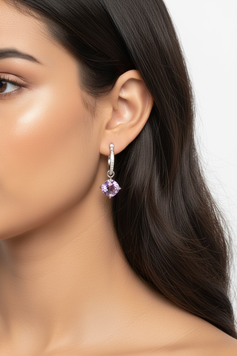 Sterling Silver Hanging Square Gemstomes on Dime Sized Hoop Earrings