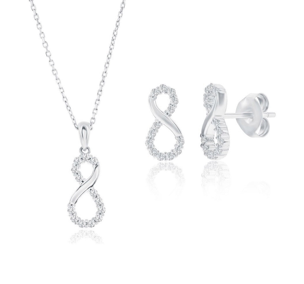 Sterling Silver Polished Crystal Infinity Necklace & Earrings Set
