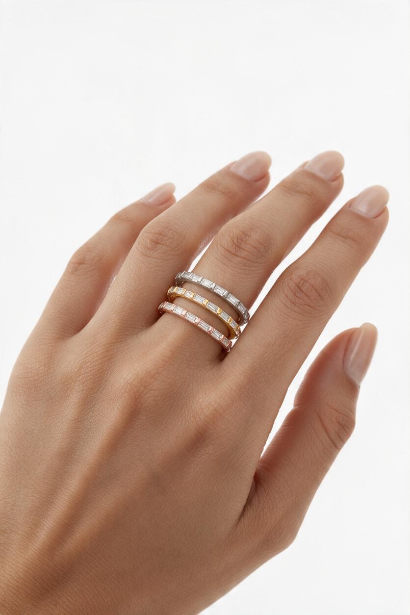 Sterling Silver, Tri-Color Baguette and Beaded Eternity Triple Band Ring