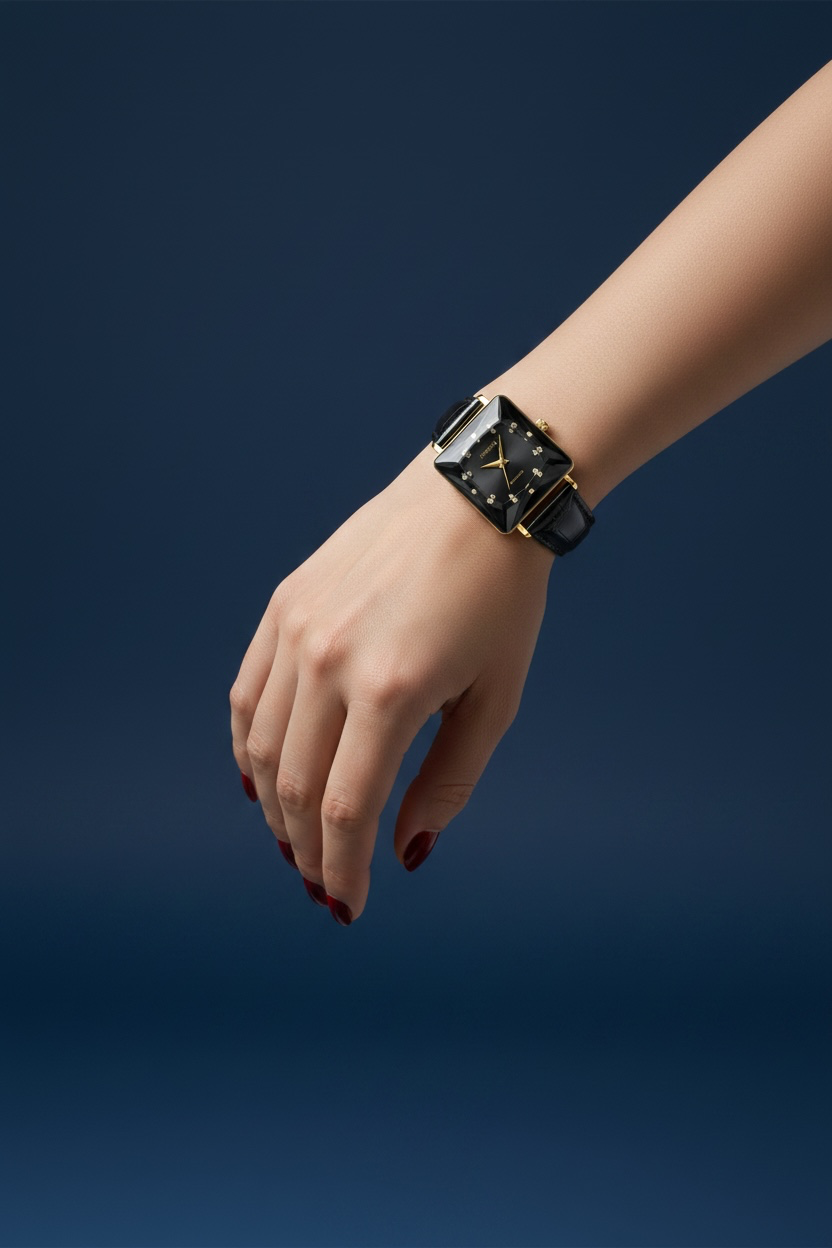 FACET PRINCESS, Princess-Cut, Gold Plated Swiss Quartz Watch, 15mm Band - Black Dial
