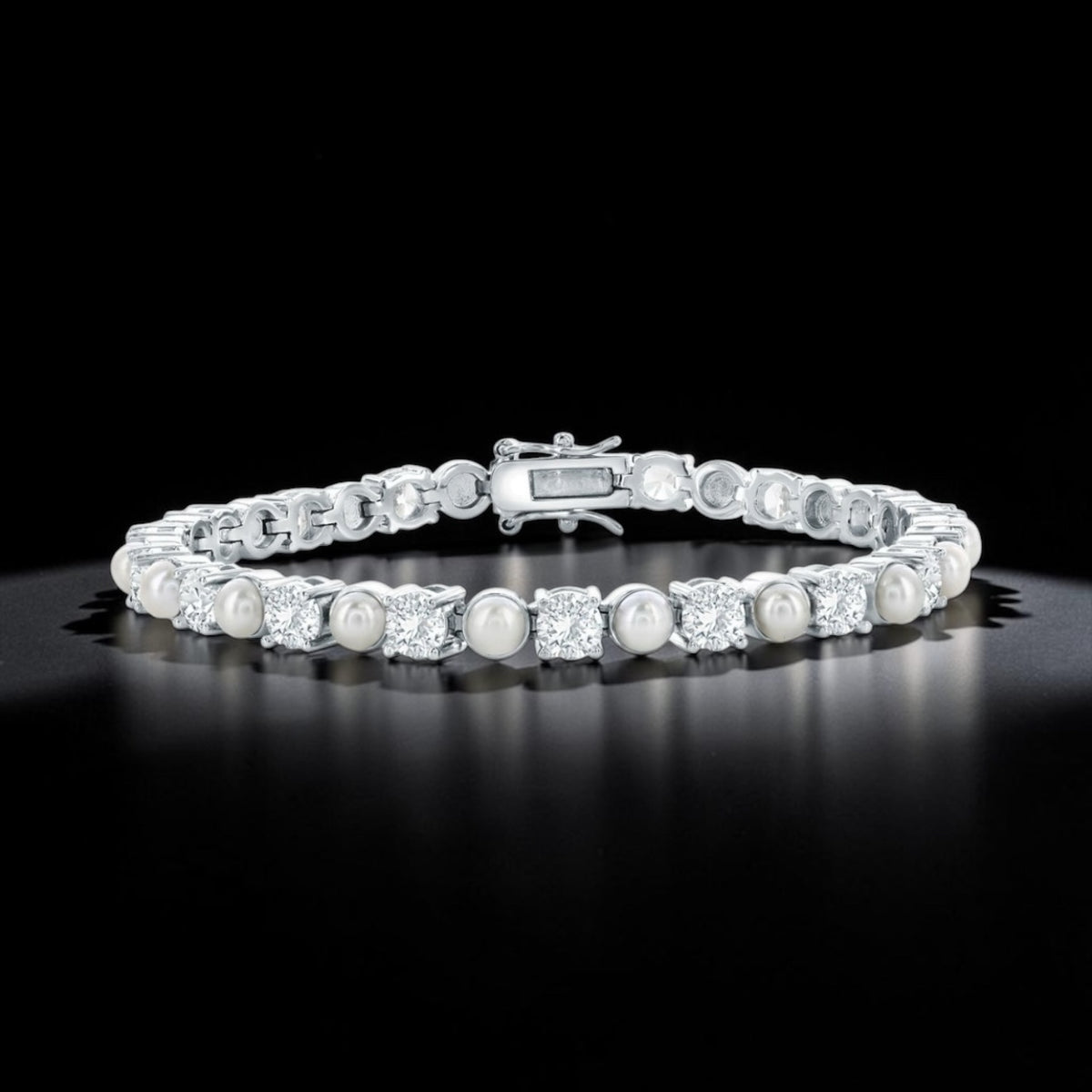 Sterling Silver, Alternating Pearl & Crystalline Tennis Bracelet 7.5 inch