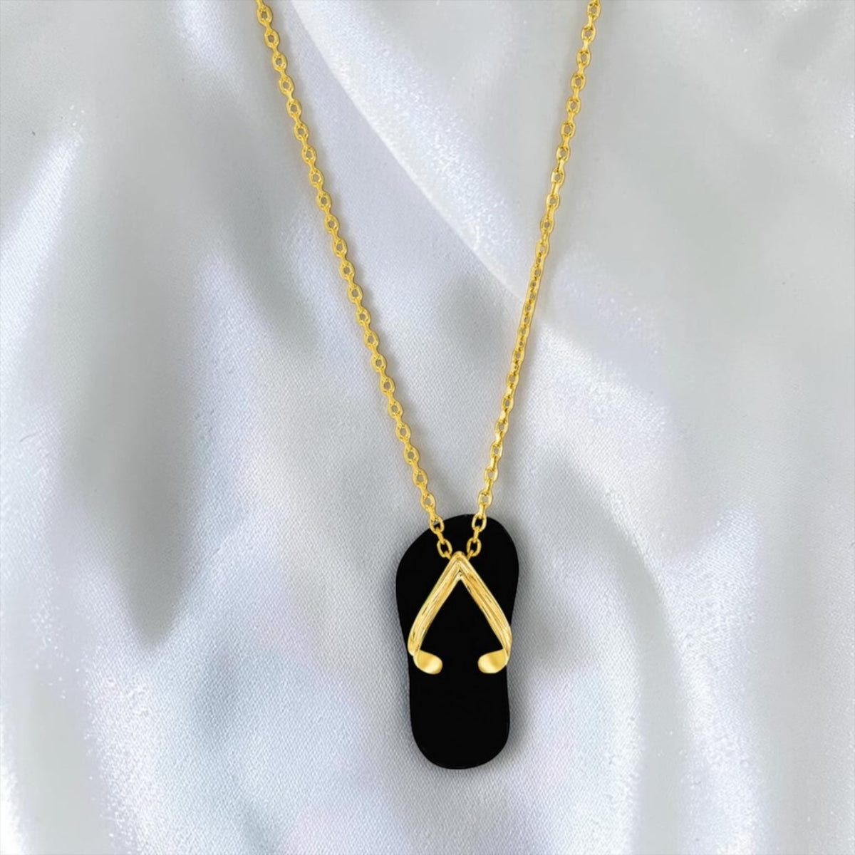 14K Real Yellow Gold, Flip Flop Pendant - Onyx