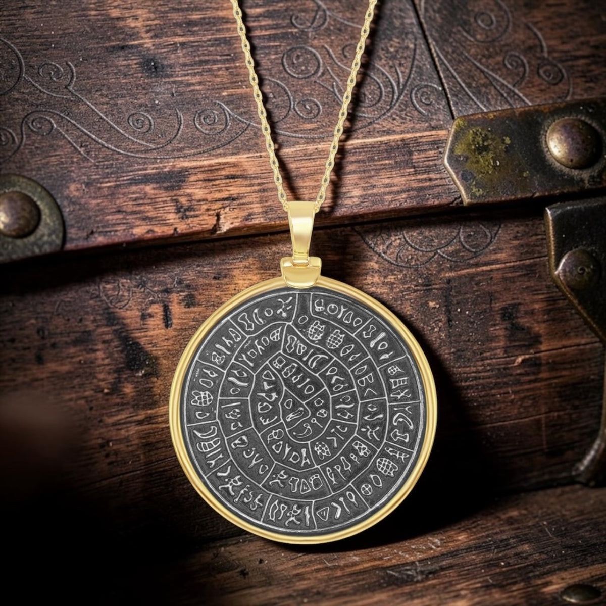 Sterling Silver Phaistos Replica Coin Pendant With Chain - 14k Gold Plated size large