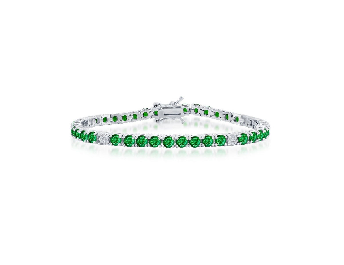 Sterling Silver, 3.5mm Round CZ Tennis Bracelet - Emerald Spinel
