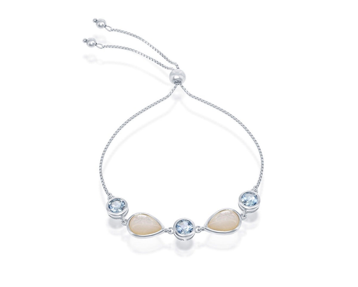 Sterling Silver Blue Topaz and Mother of Pearl Adjustable Bracelet