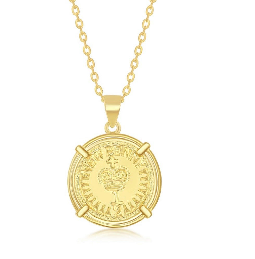 Sterling Silver Queen Elizabeth Coin-Style Necklace - Gold Plated