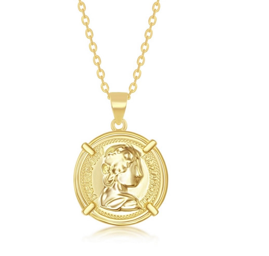 Sterling Silver Queen Elizabeth Coin-Style Necklace - Gold Plated