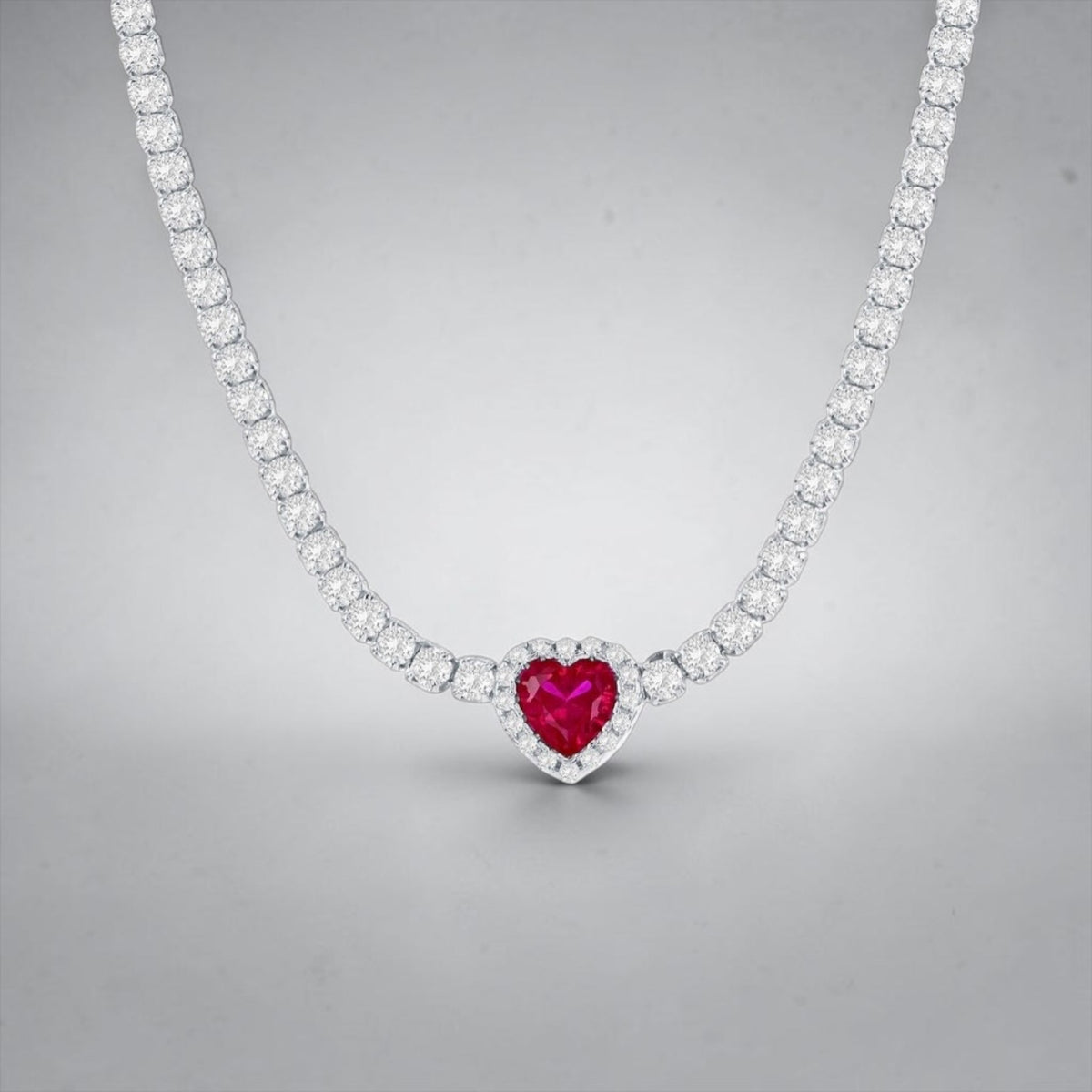 Sterling Silver Heart Crystalline Tennis Necklace Ruby
