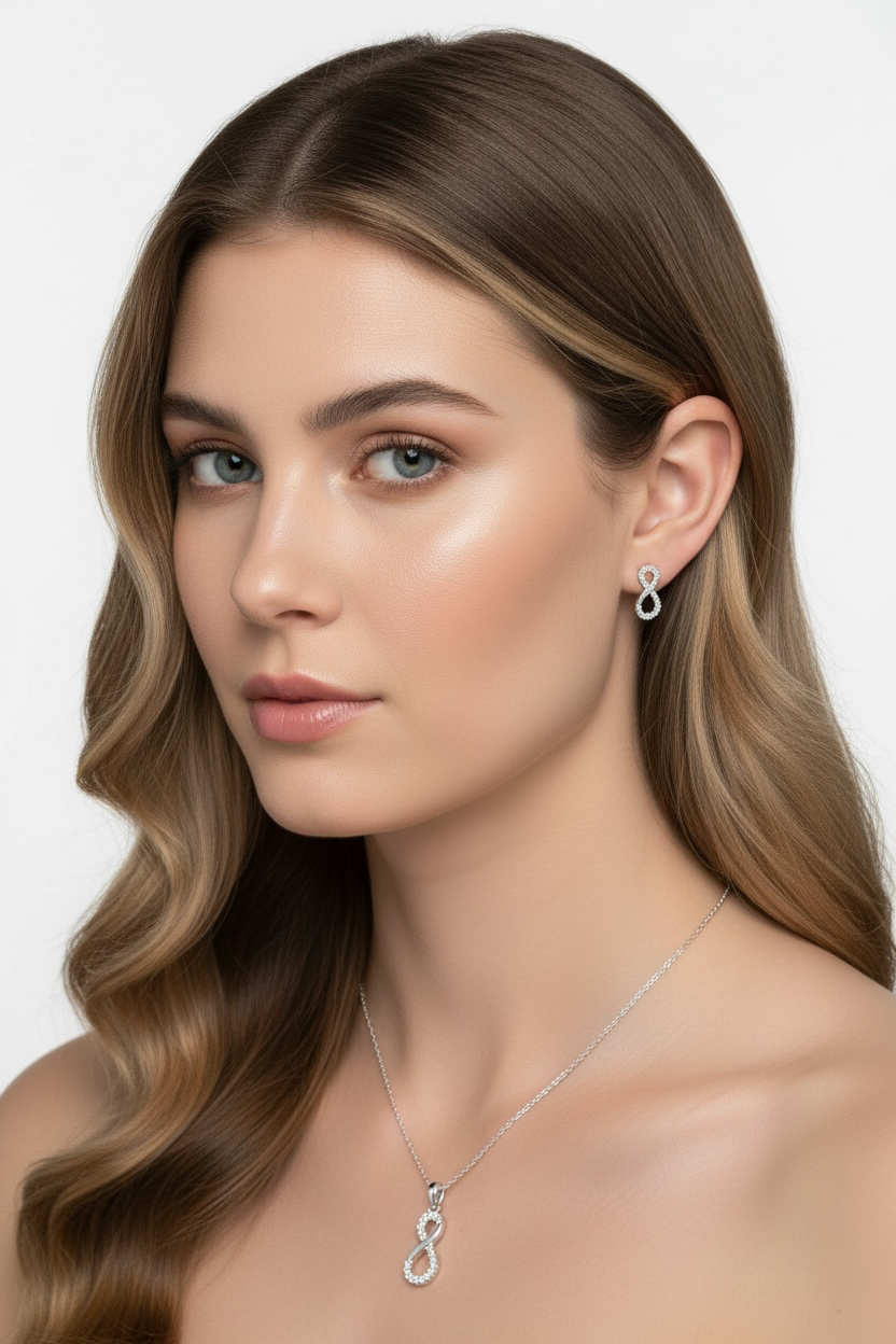 Sterling Silver Polished Crystal Infinity Necklace & Earrings Set
