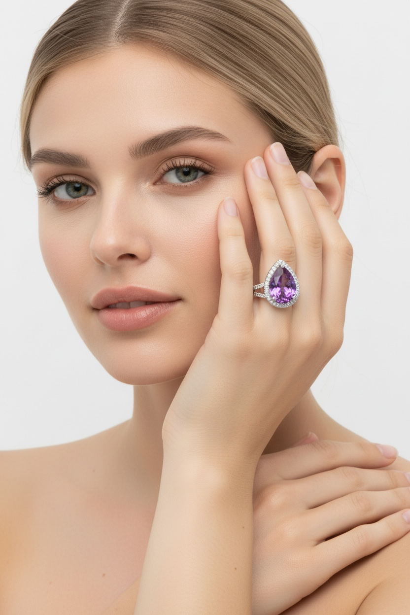 Sterling Silver, Crystal and 14x10mm Pearshaped Amethyst Swarovski Element Halo Ring