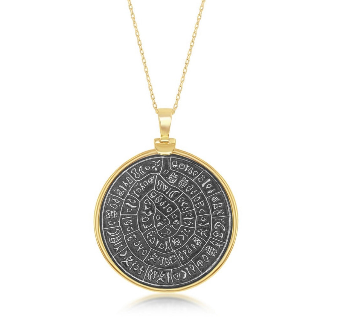 Sterling Silver Phaistos Replica Coin Pendant With Chain - 14k Gold Plated size large