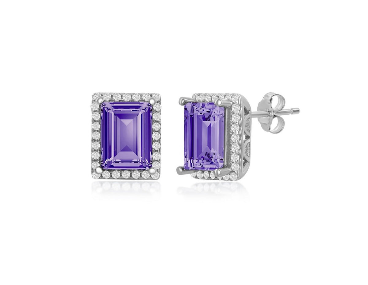 Sterling Silver CZ & 14x10mm Rectanglular Step-Cut Halo - Tanzanite Swarovski Element Ring