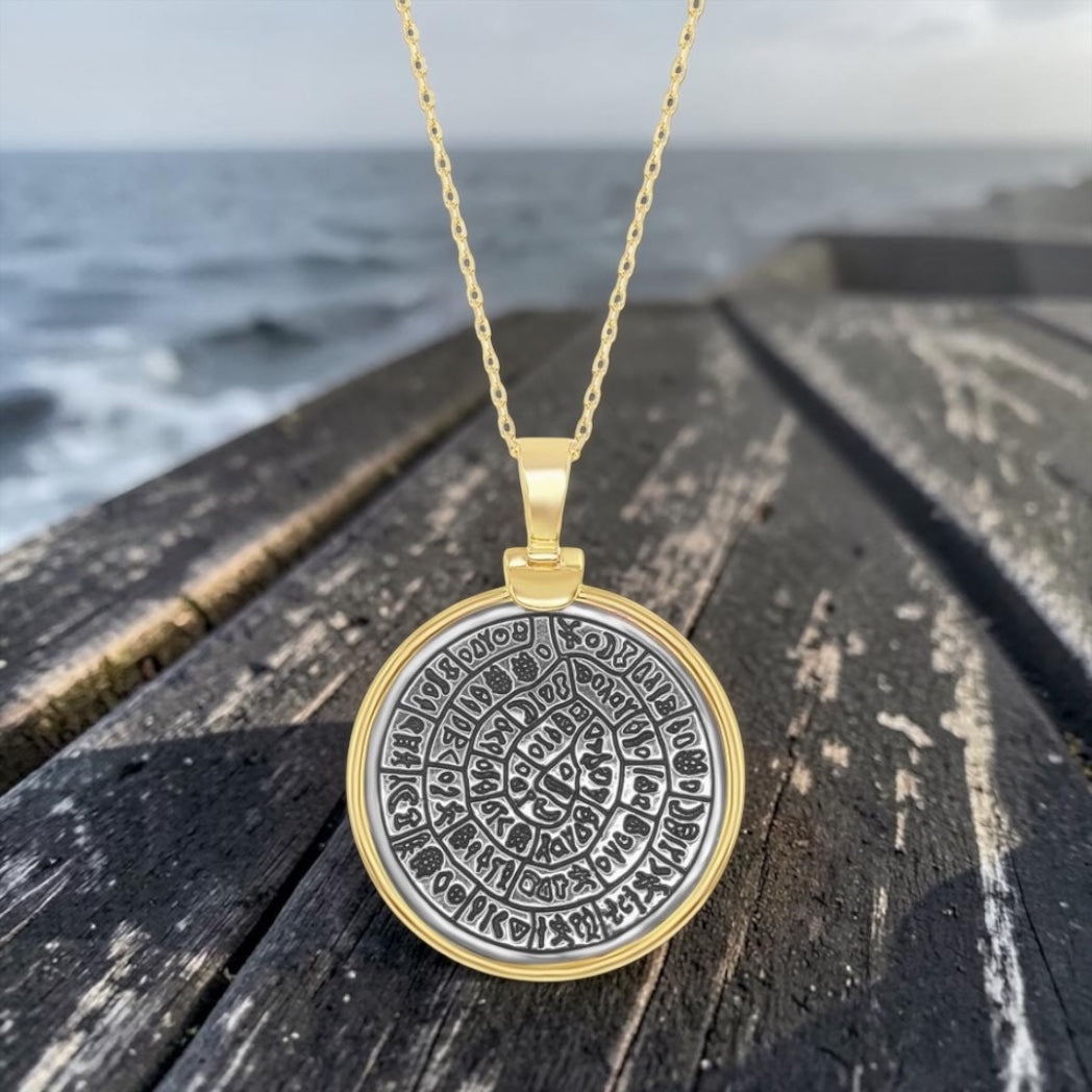 Sterling Silver Phaistos Replica Coin Pendant With Chain 14k Gold Plated size medium
