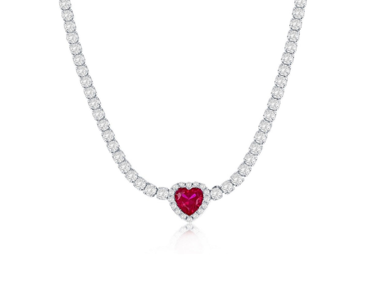 Sterling Silver Heart Crystalline Tennis Necklace Ruby