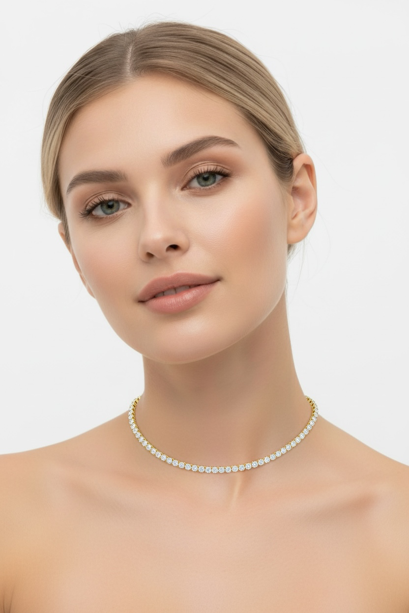 Sterling Silver, 3mm Crystal Tennis Adjustable Necklace - Gold Plated