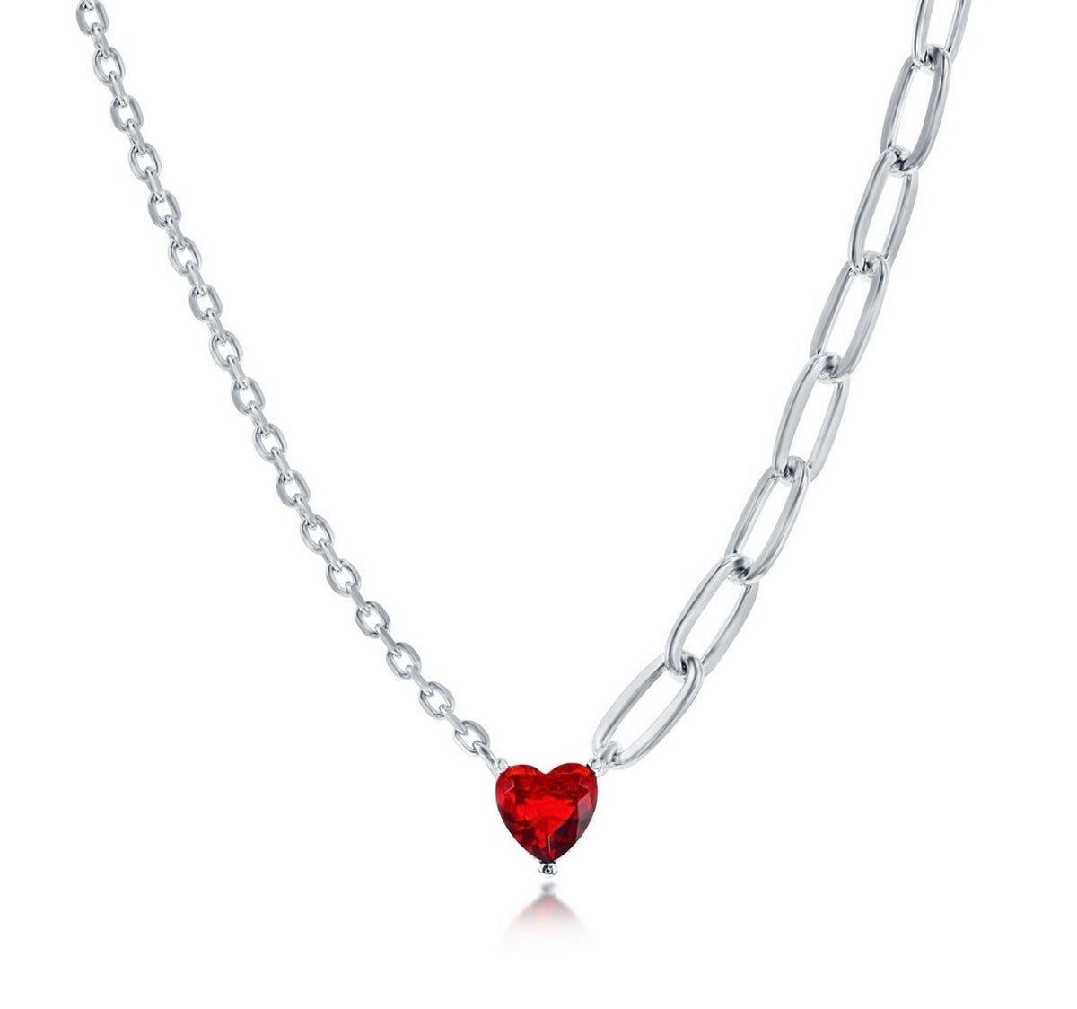 Sterling Silver, Heart Ruby/Crystal Half Cable & Paperclip Chain Necklace