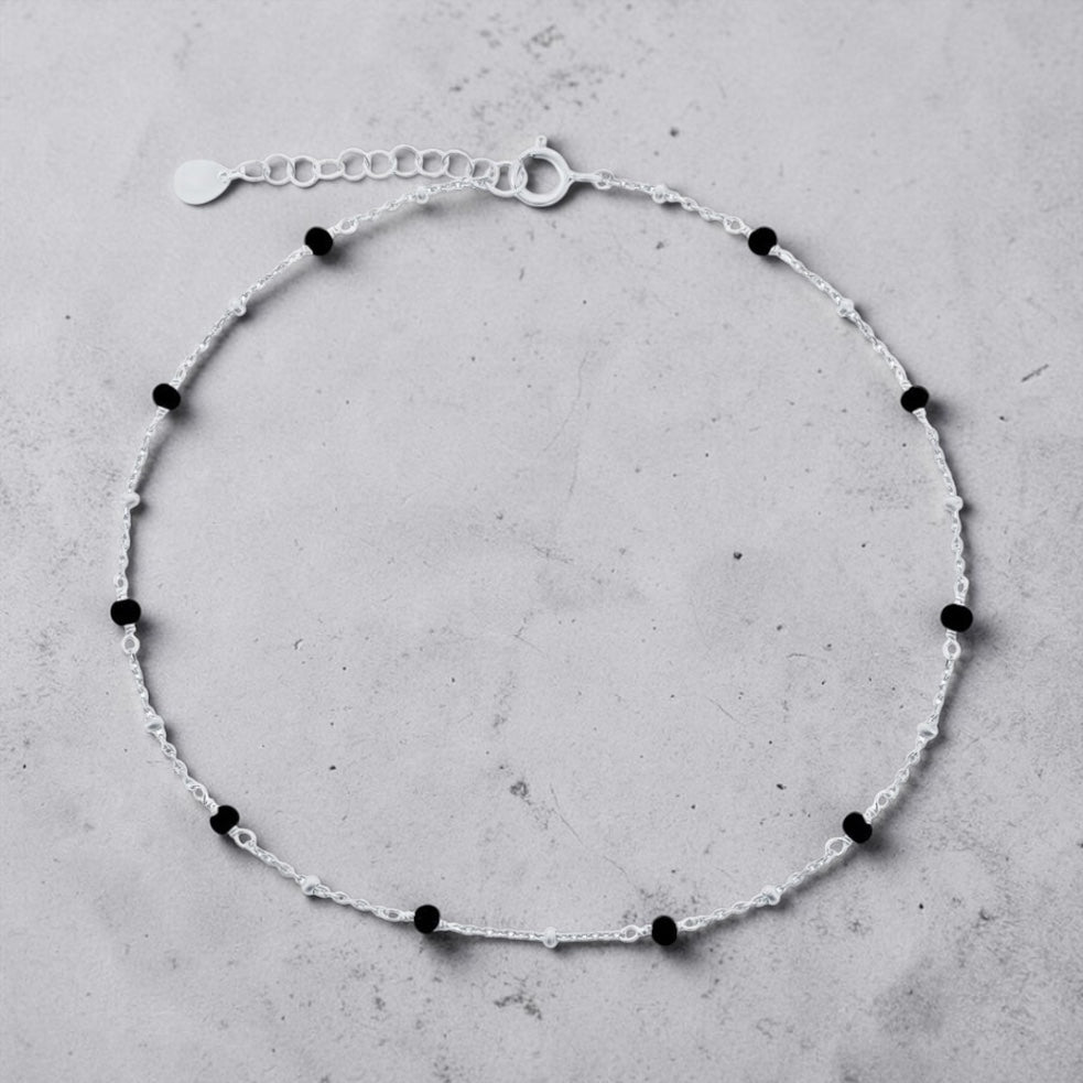 Sterling Silver Onyx Beaded Anklet