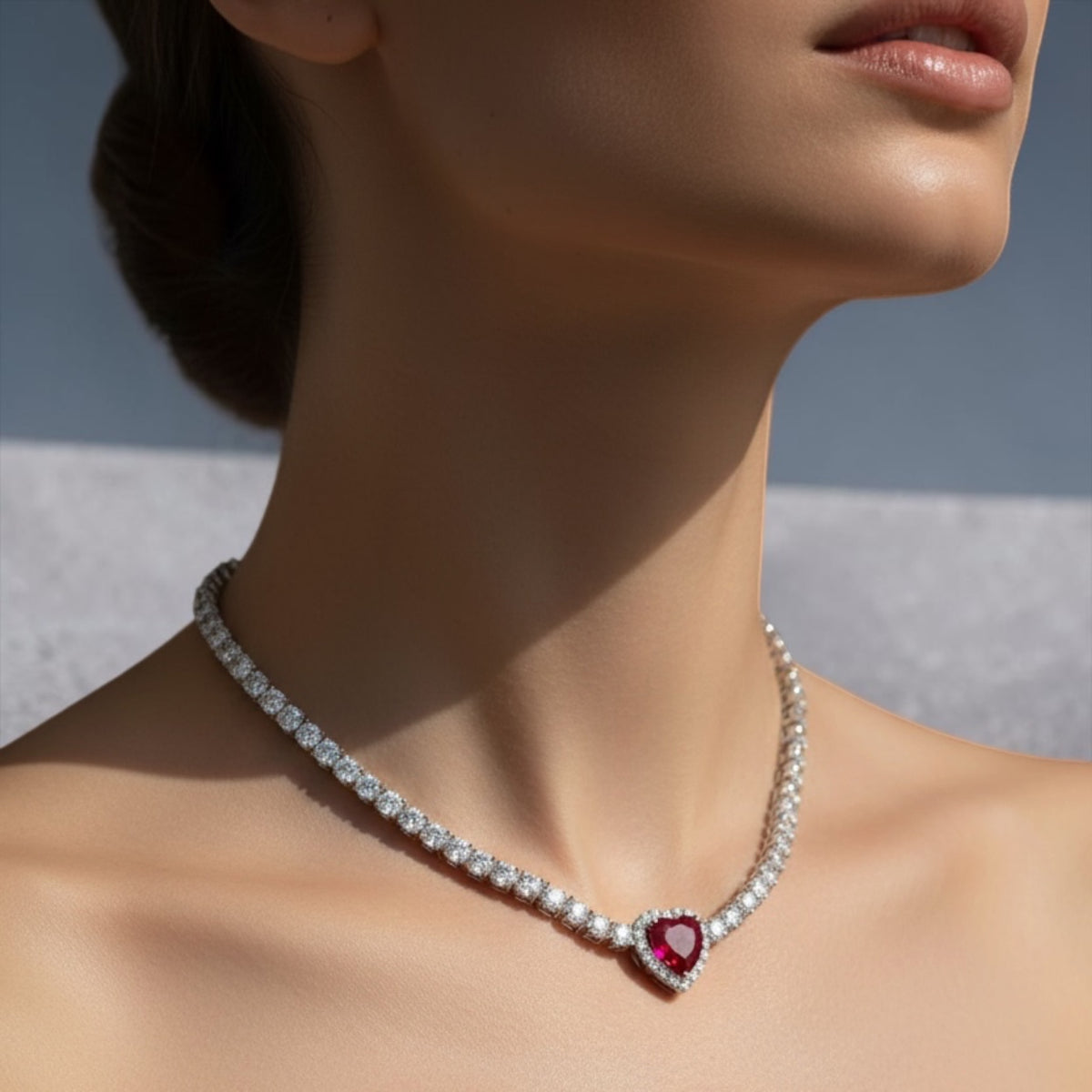 Sterling Silver Heart Crystalline Tennis Necklace Ruby