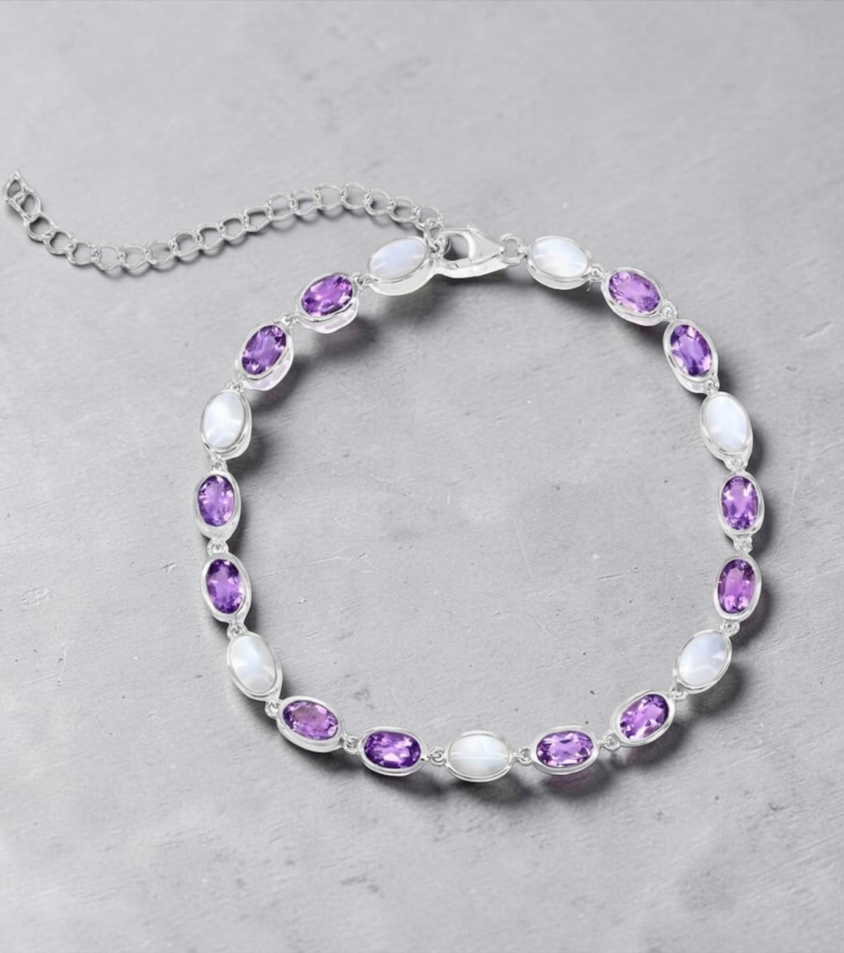 Sterling Silver, Oval MOP & Amethyst Gem Bracelet