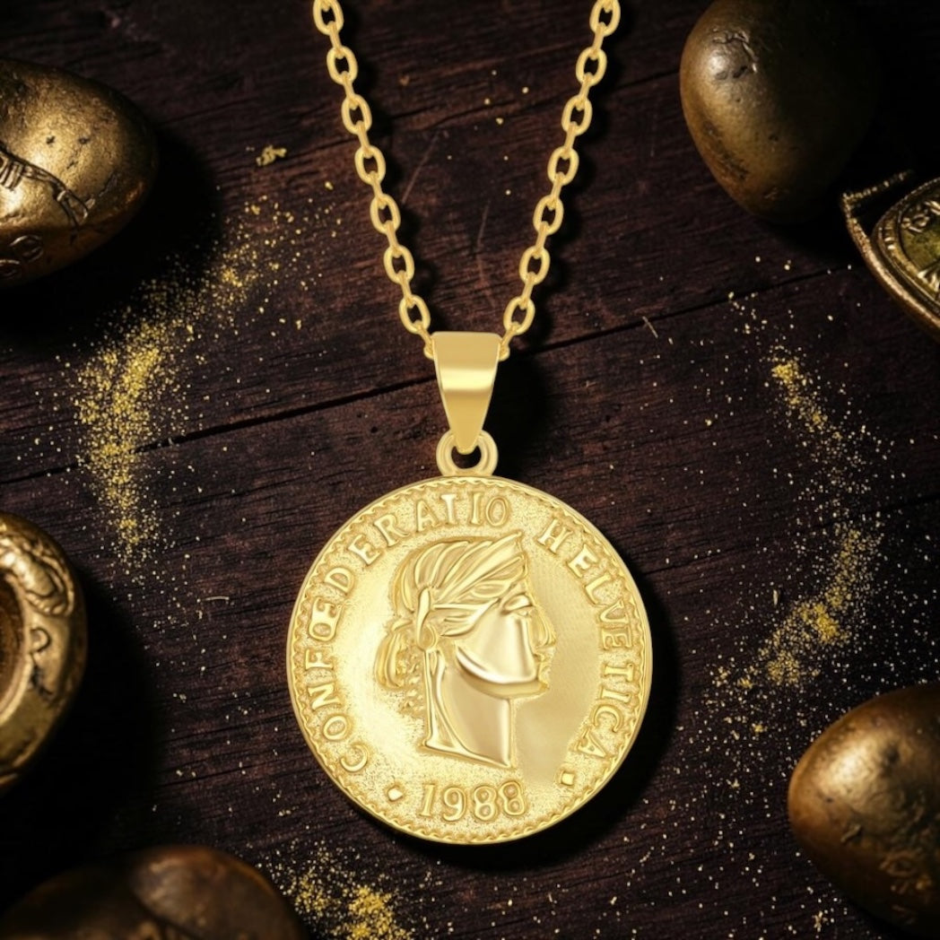 Sterling Silver Confoederatio Helvetica Coin Style Necklace 14k Gold Plated