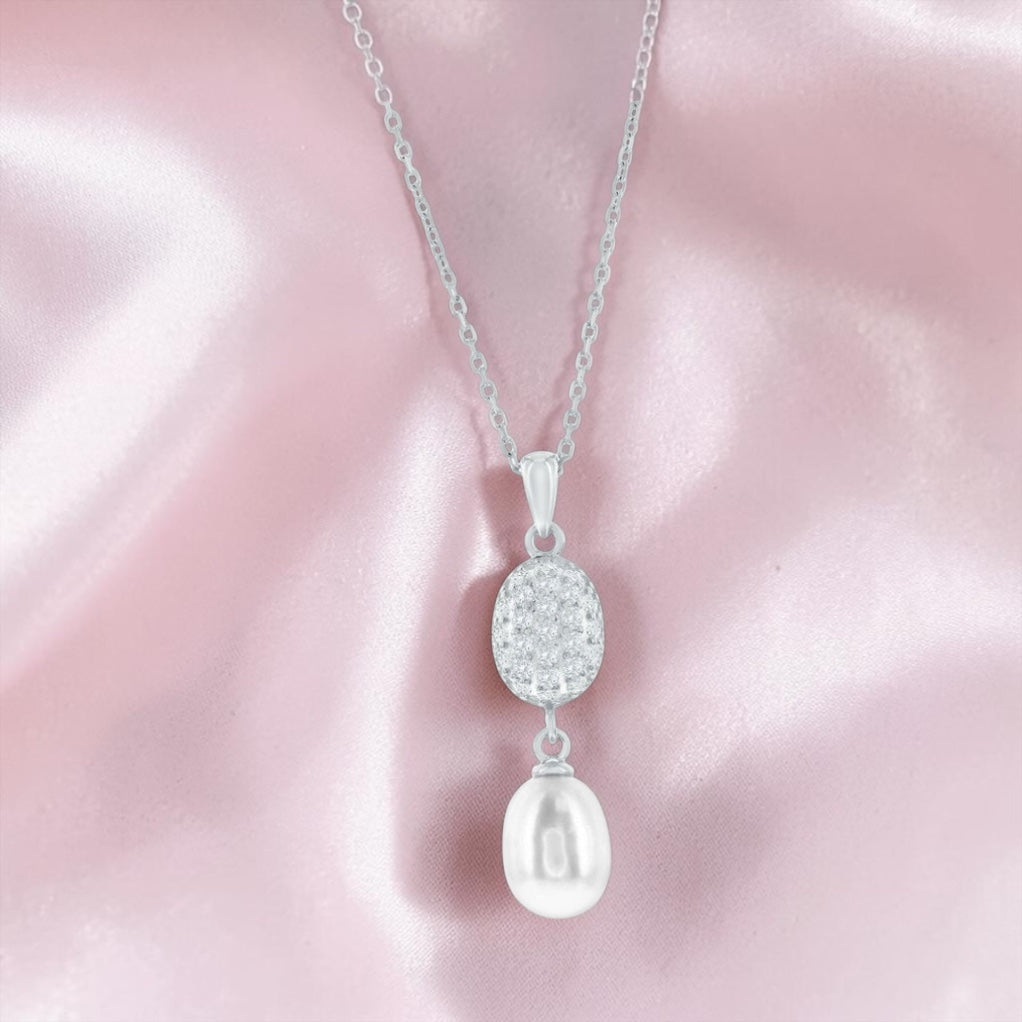925 Sterling Silver Oval Pave Crystal & Freshwater Pearl Necklace & Earrings Set