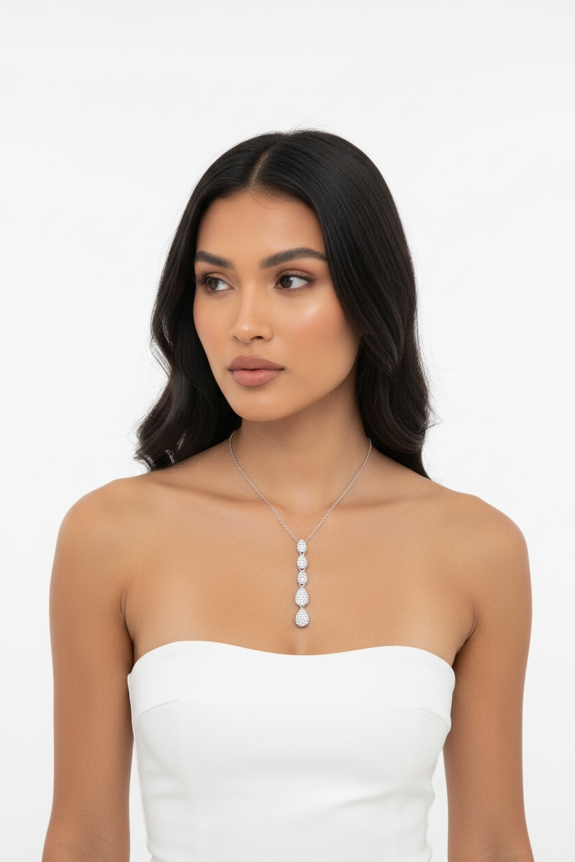 Sterling Silver, Graduating Pearshaped Diamond Necklace