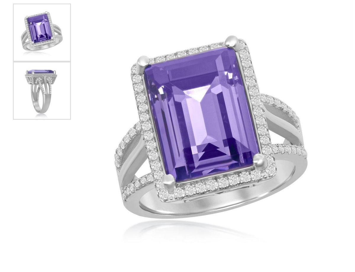 Sterling Silver CZ & 14x10mm Rectanglular Step-Cut Halo - Tanzanite Swarovski Element Ring