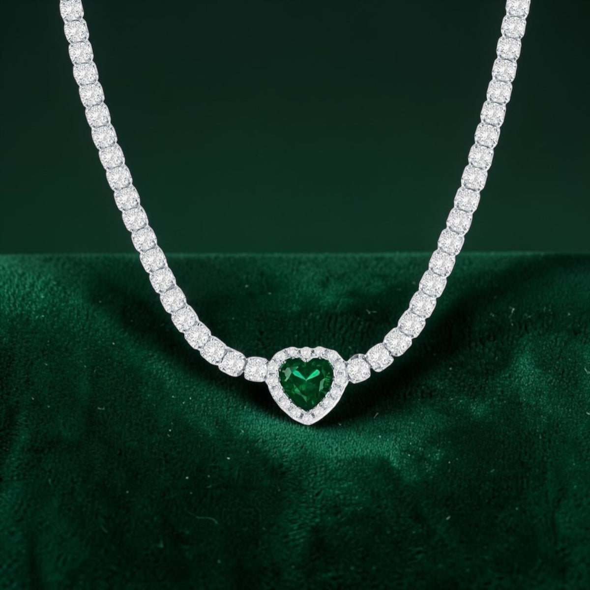 Sterling Silver, Heart CrystallineTennis Necklace - Emerald