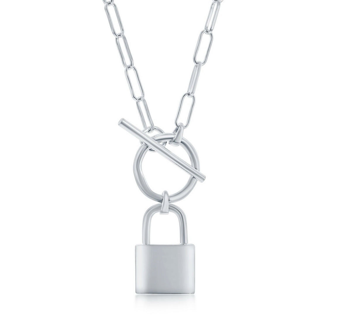 925 Sterling Silver, Lock Charm Paperclip Necklace