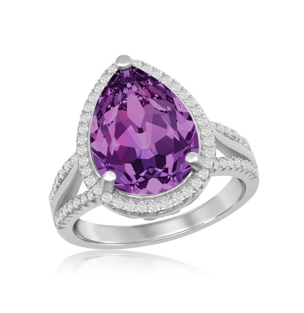 Sterling Silver, Crystal and 14x10mm Pearshaped Amethyst Swarovski Element Halo Ring