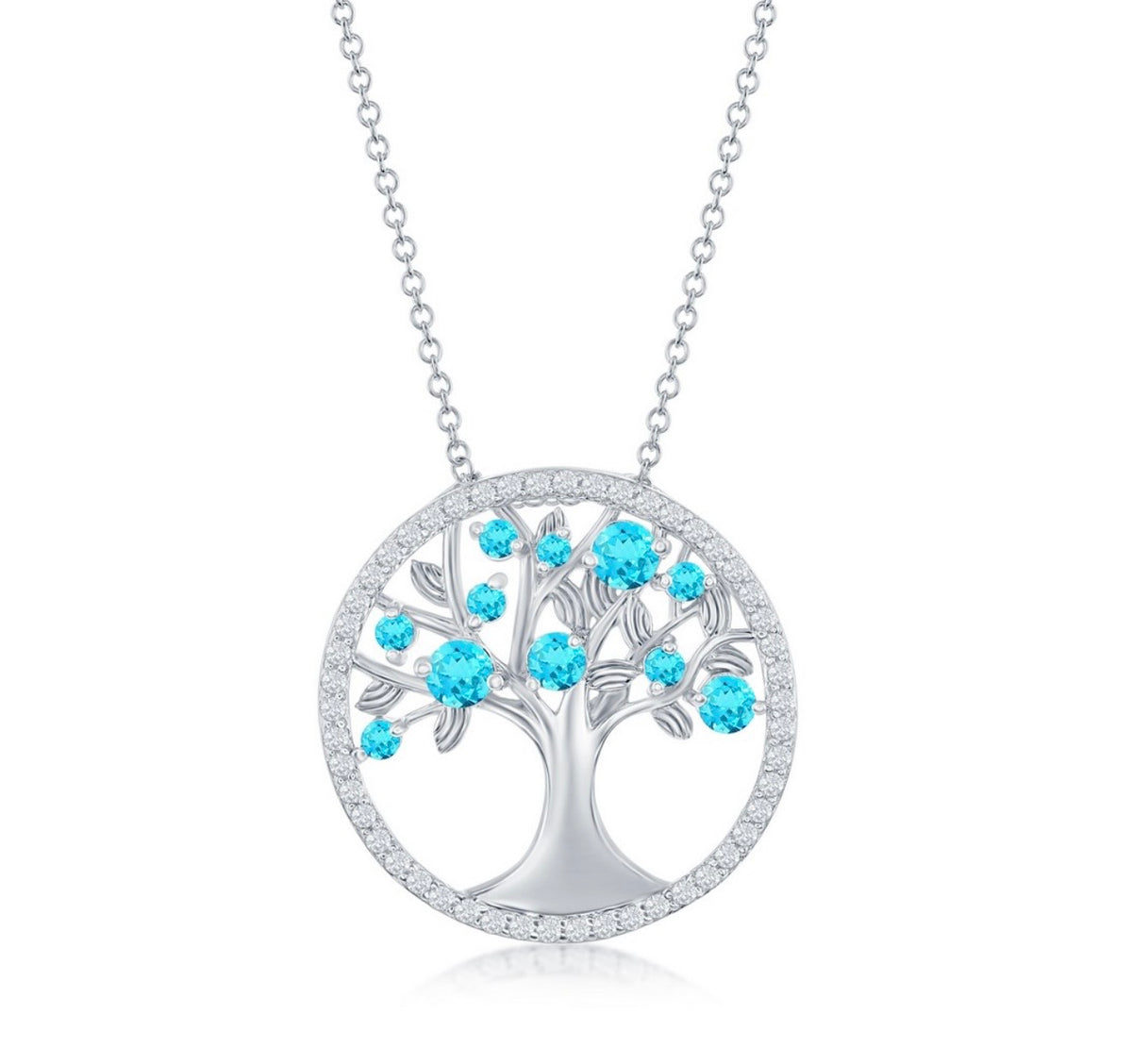 Sterling Silver, 'December' Birthstone Tree of Life Necklace - Blue Topaz CZ